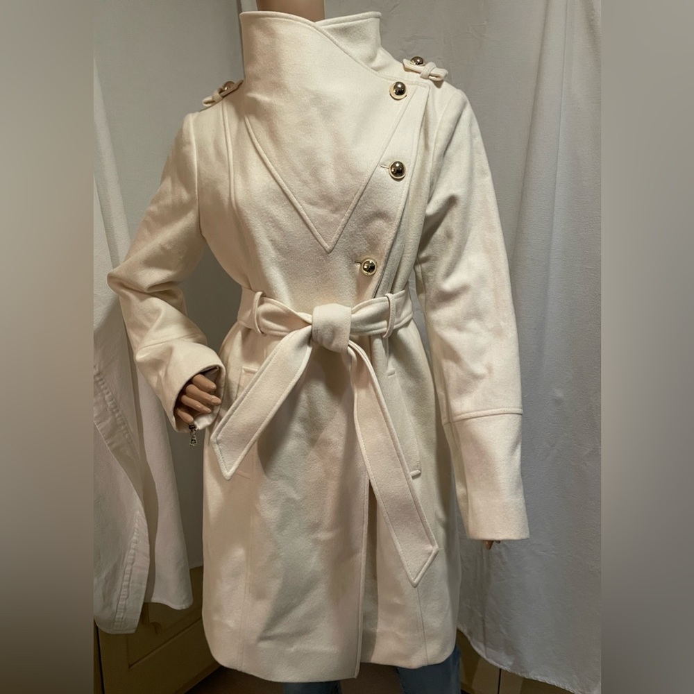 Guess Cream Double-Breasted Belted Wool Coat